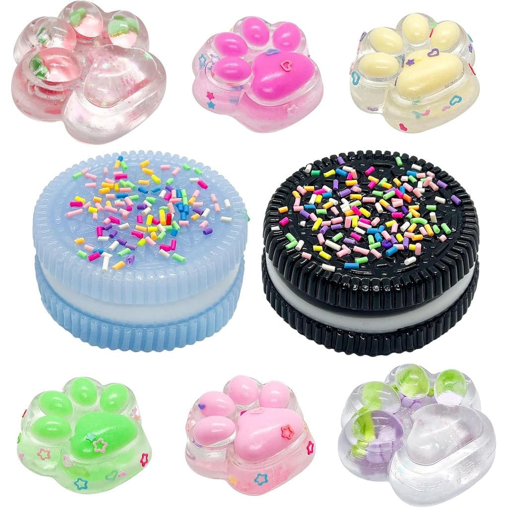 Kit de 8 Squishies Taba, 2 Brinquedos Anti-estresse em Forma de Biscoito, 4 Mini Patas Squishy Taba e 2 Brinquedos Fidge
