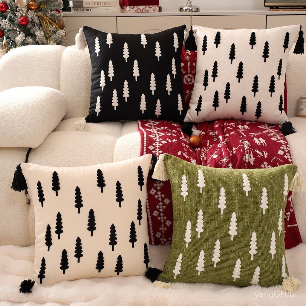 Capa de Almofada de Natal, Bordado Decorativo em Lona com Franjas Pretas e Brancas, Capa de Almofada de Árvore de Natal