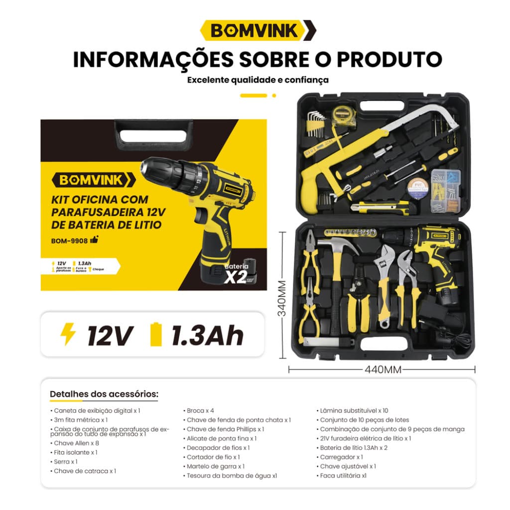 Kit Ferramentas BOMVINK com Parafusadeira Furadeira sem Fio Maleta 2 Baterias Bits Brocas Acessórios para Casa Oficina