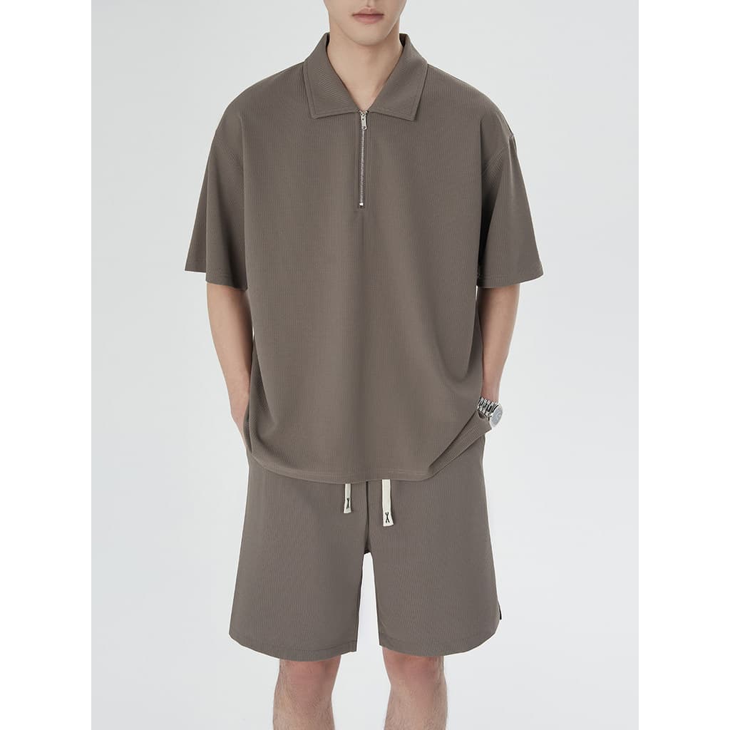 Verão solto textura zíper lapela manga curta camiseta terno de duas peças respirável versão coreana camisa POLO Casual t