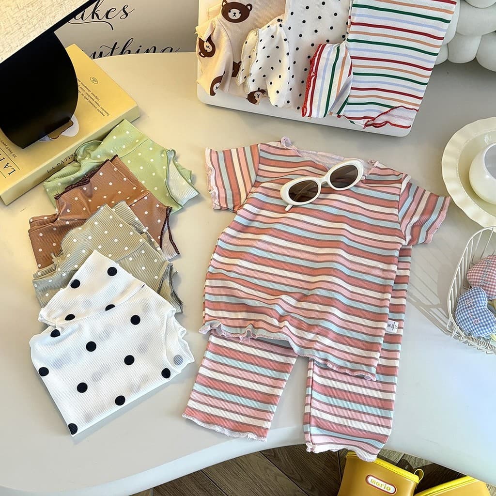 0-8 anos de idade meninas verão listrado calças de manga curta Loungewear dois @-