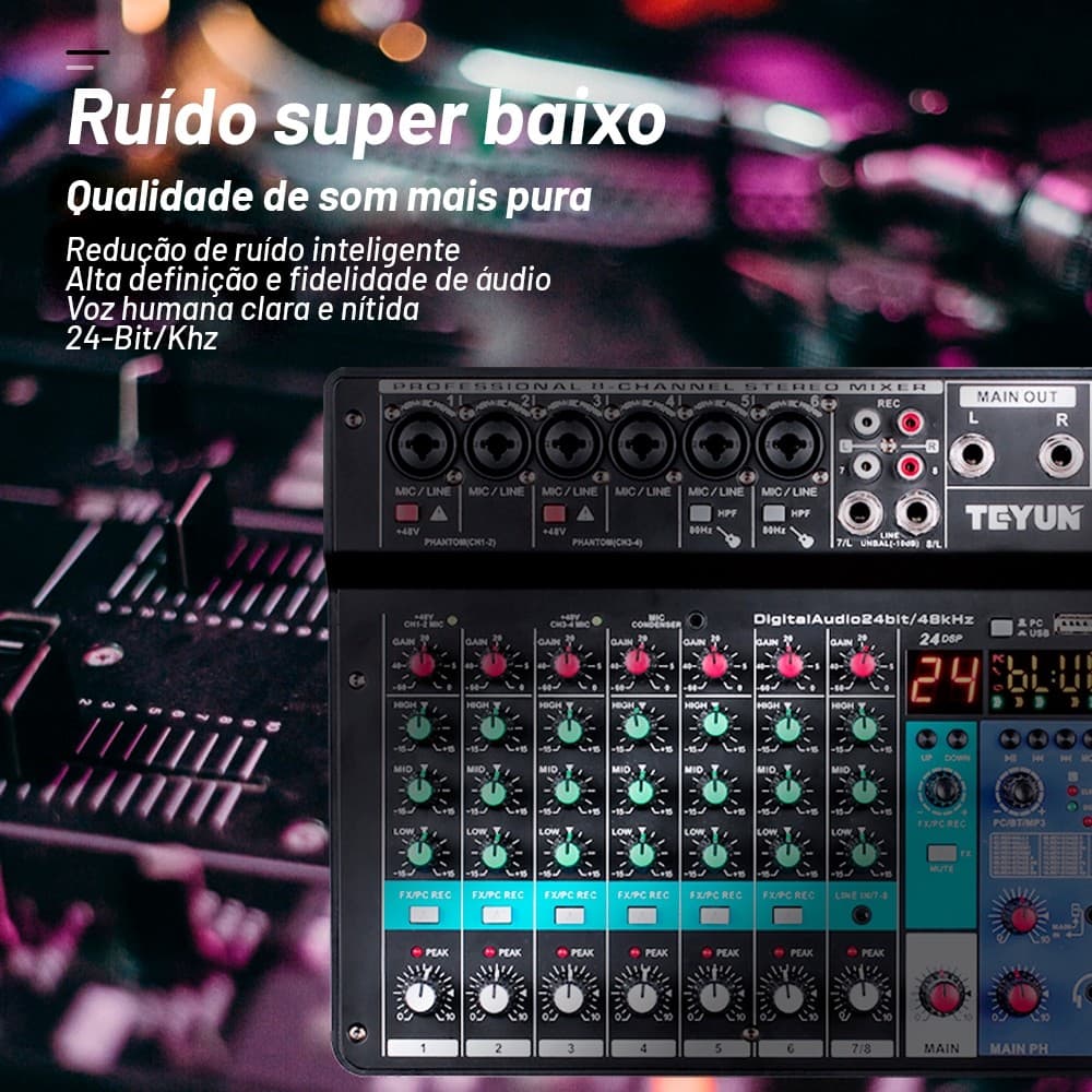 Mesa de Som TEYUN 8 Canais Profissional, Mixer com Phantom 48V, USB para PC, Efeito DSP, Ideal para Estúdio e DJ
