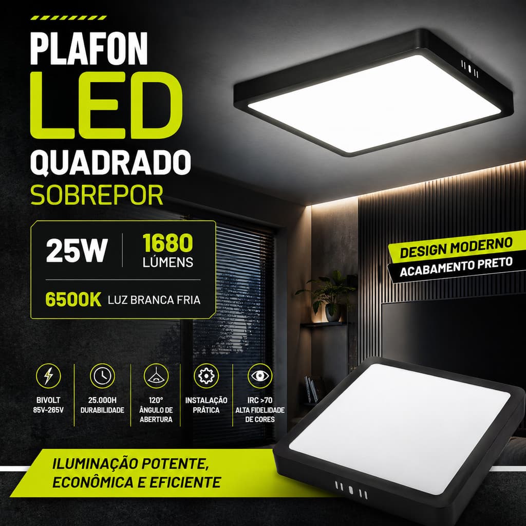 PLAFON LED QUADRADO SOBREPOR 25W 6500K PRETO BIVOLT LUZ BRANCA FRIA