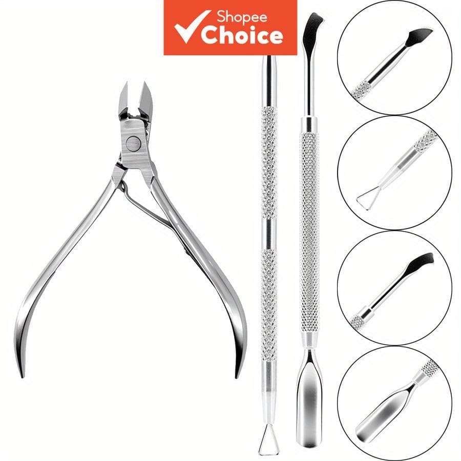 Kit de Manicure em Aço Inox Prata 3 Peças – Cortador de Unhas, Alicate de Cutículas e Empurrador para Cuidado