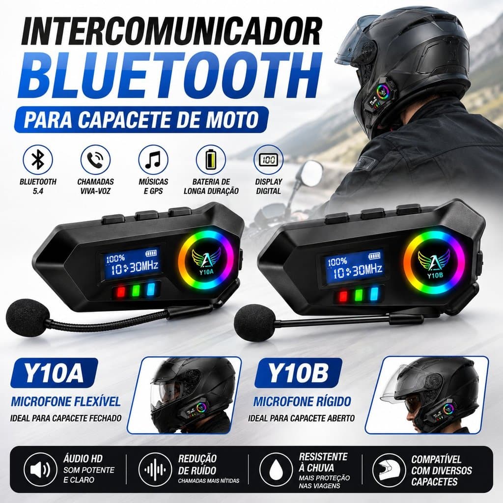 Headset Bluetooth 5.4 para Capacete de Moto Y10A Y10B com Tela Digital, Microfone, Música e GPS