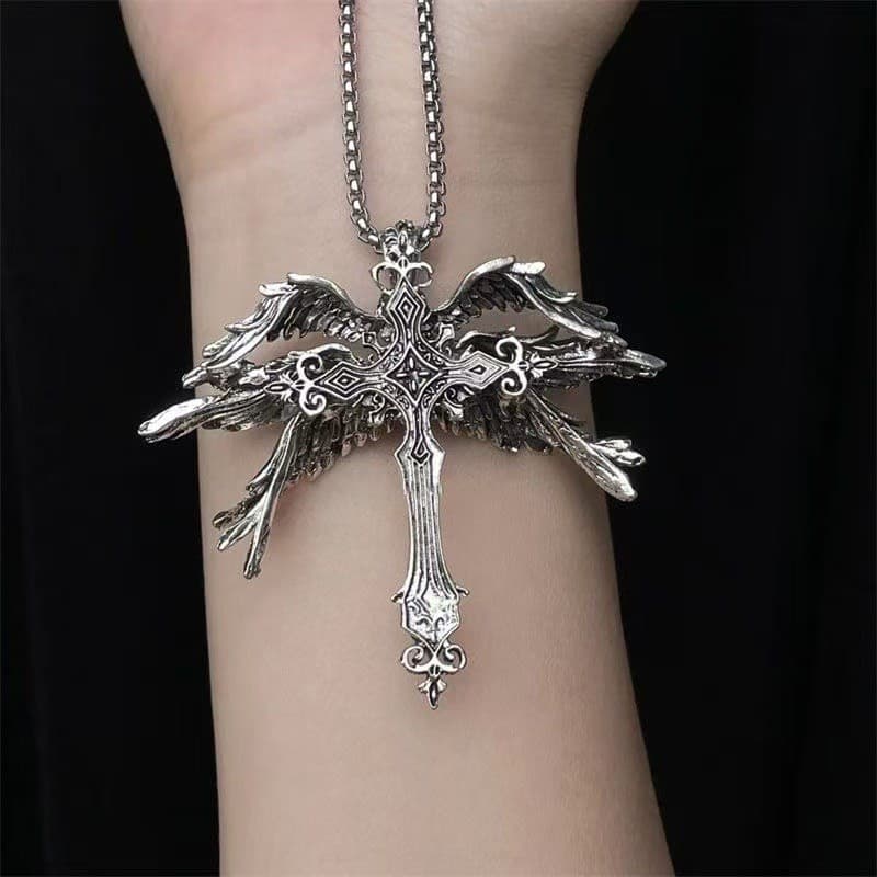 Colar vintage, com um elegante pingente de cruz de anjo de seis asas JO83 2D31