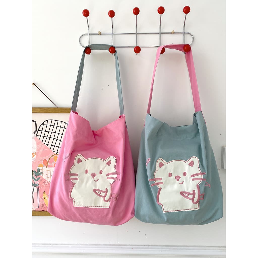 2026 novo estilo contraste cor gatinho impresso saco de lona de um ombro estilo japonês coreano mão-transporte saco de c