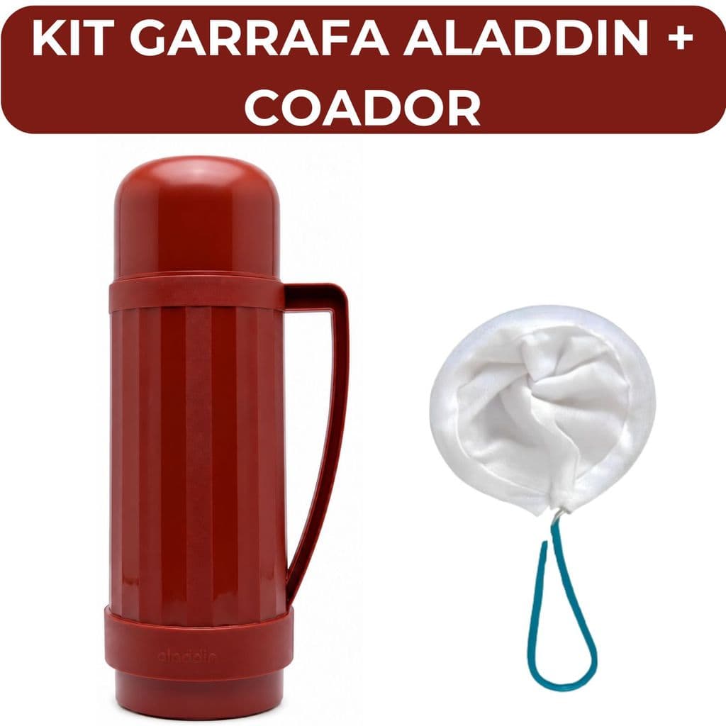 Kit Garrafa Termica Aladdin 1L e Coador Pano Original Com Alça Garrafa de Cafe Cha Continental