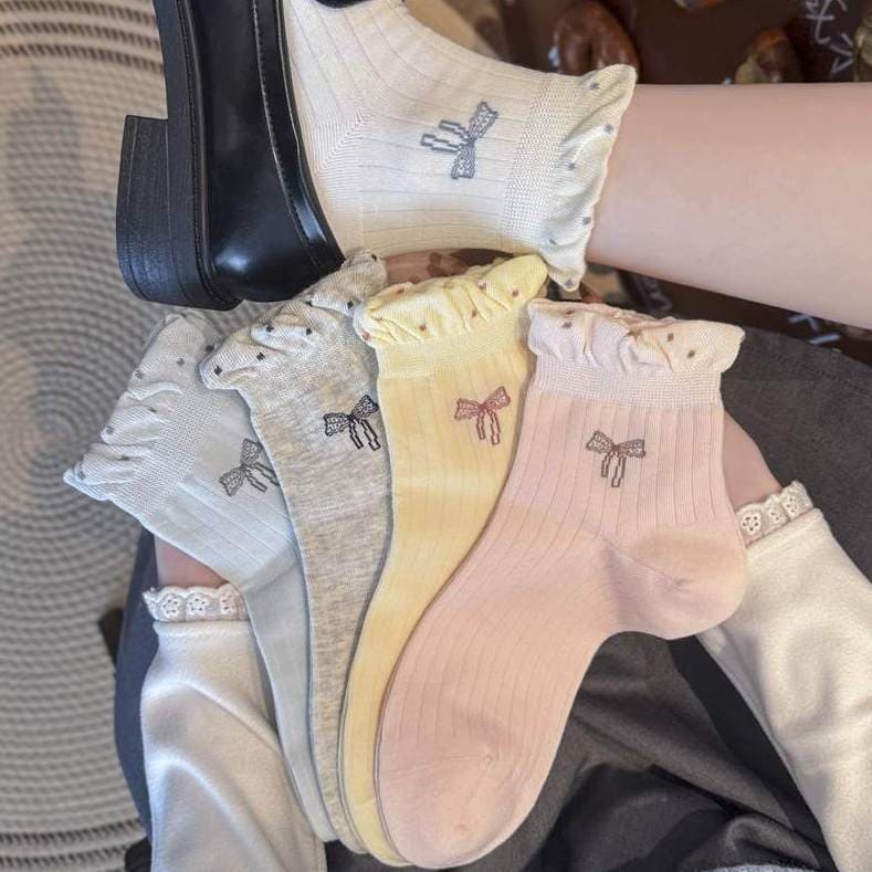 Meias de renda com laço ~ estilo balé novo estilo bolinhas boca bolha meias primavera verão estilo fino meninas meias
