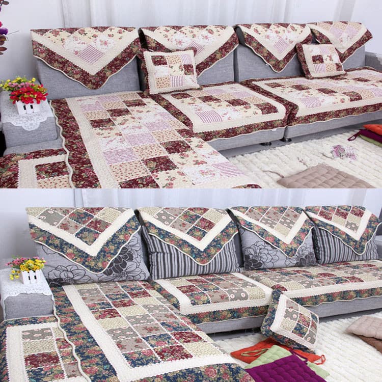 Patchwork Pastoral acolchoado azul vermelho algodão tecido sofá almofada sofá toalha Bay janela almofada de inverno capa