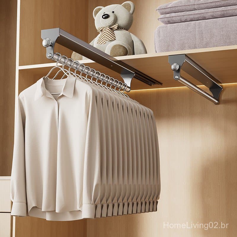 Suporte para calças embutido no guarda-roupa, com cabide telescópico retrátil montado na parte superior e trilho desliza