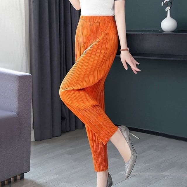 Plissado novo estilo plissado cenoura calças femininas soltas mais magro olhar cor sólida primavera verão Bloomers Casua