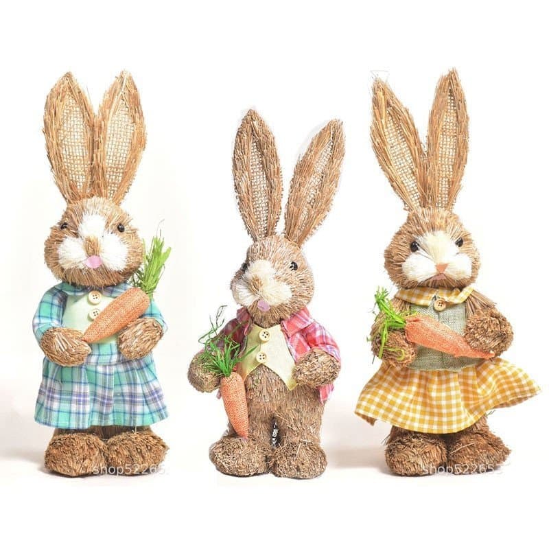 Decoração De Páscoa Coelho De Palha , Casal De Coelhinho , Ornamento Feito À Mão , Coelhos Bonitos Estátuas De Mesa Para