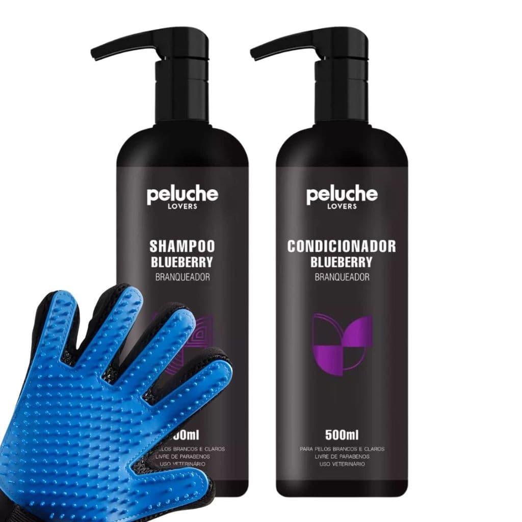 Kit Shampoo Condicionador Blueberry Peluche 500ml + Escova Magnética Remove Pelos Cães e Gatos