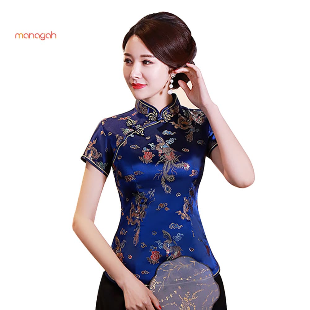 Mulheres Chinesas Manga Curta Gola Dragão Phoenix Impressão Blusa Étnica Camisa
