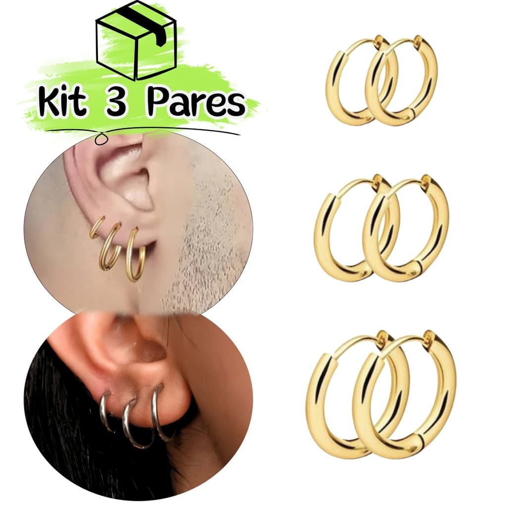 Kit 3 Pares de Argolas Finas em Aço Inoxidável | Tamanhos 8mm, 10mm e 12mm | Dourado ou Prata
