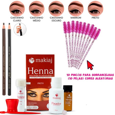 Makiaj Henna Natural + Duo de Lápis para Sobrancelhas (Preto e Marrom) + 10 Pincéis - Kit Completo