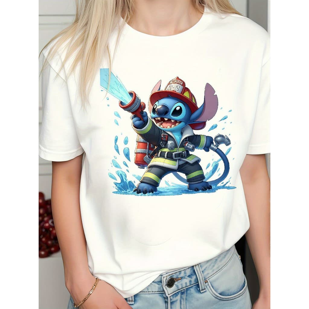 Camiseta Feminina De Algodão Casual E Confortável Com Estampa Divertida De Um Hidrante Vermelho E Um Toque Azul