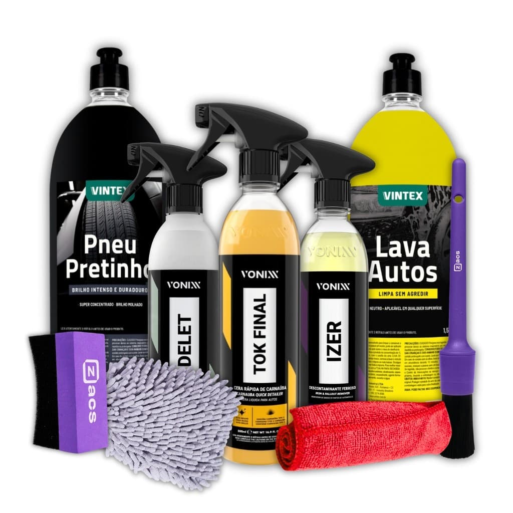 Kit Iniciante Pretinho Delet Limpa Pneu Lava Autos Shampoo Concentrado Cera Tok Final Izer Vonixx
