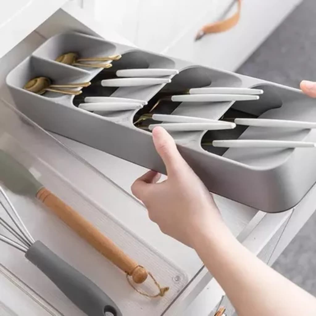 Organizador de Talheres para Gaveta – Porta Talheres de Cozinha Compacto Cinza
