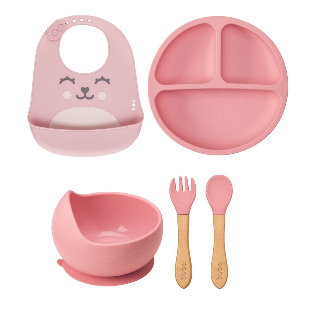 Kit Buba Prato Bowl Babador Talheres Silicone Bambu Bebê