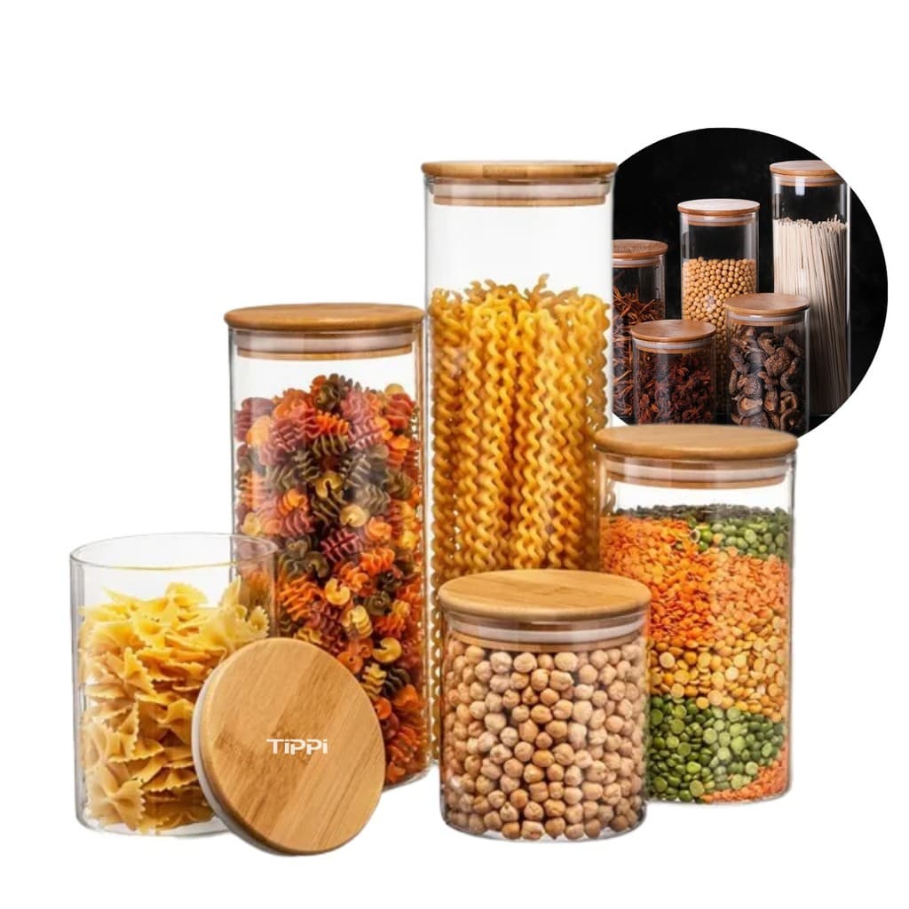 Kit 5 Potes de Vidro Herméticos com Tampa de Bambu Organizador  para Mantimentos Grãos Café Tippi