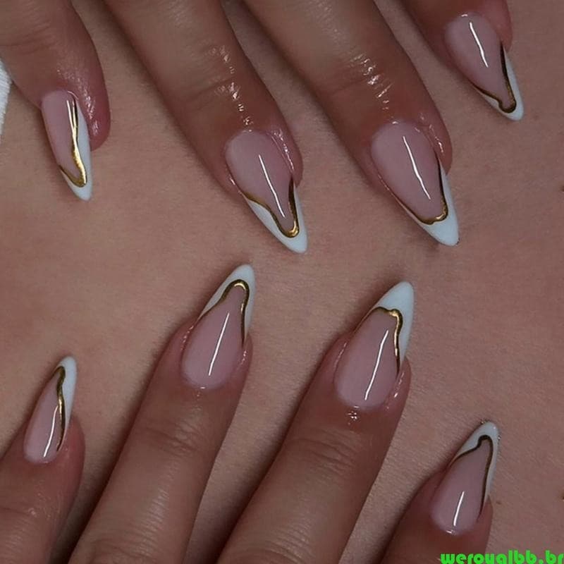 weroyalbb 1 Conjunto Unhas Postiças Artificiais Ponta Francesa Imprensa Amêndoa Cobertura Vara Manicure S