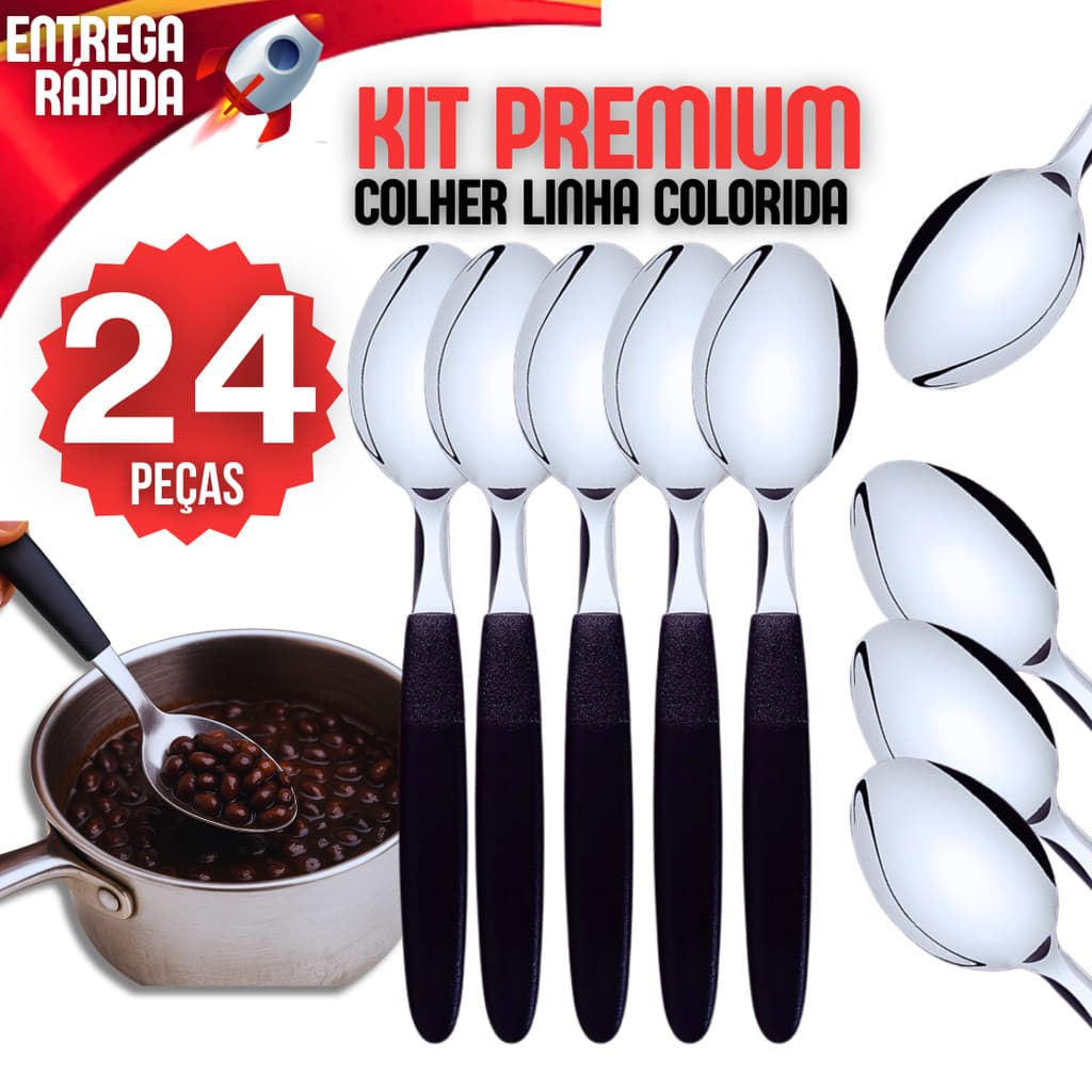 Kit 24 Colheres Aço Inox 24 Colher de Mesa Colheres Cabo Colorido Casa Para Restaurante Cabo Preto