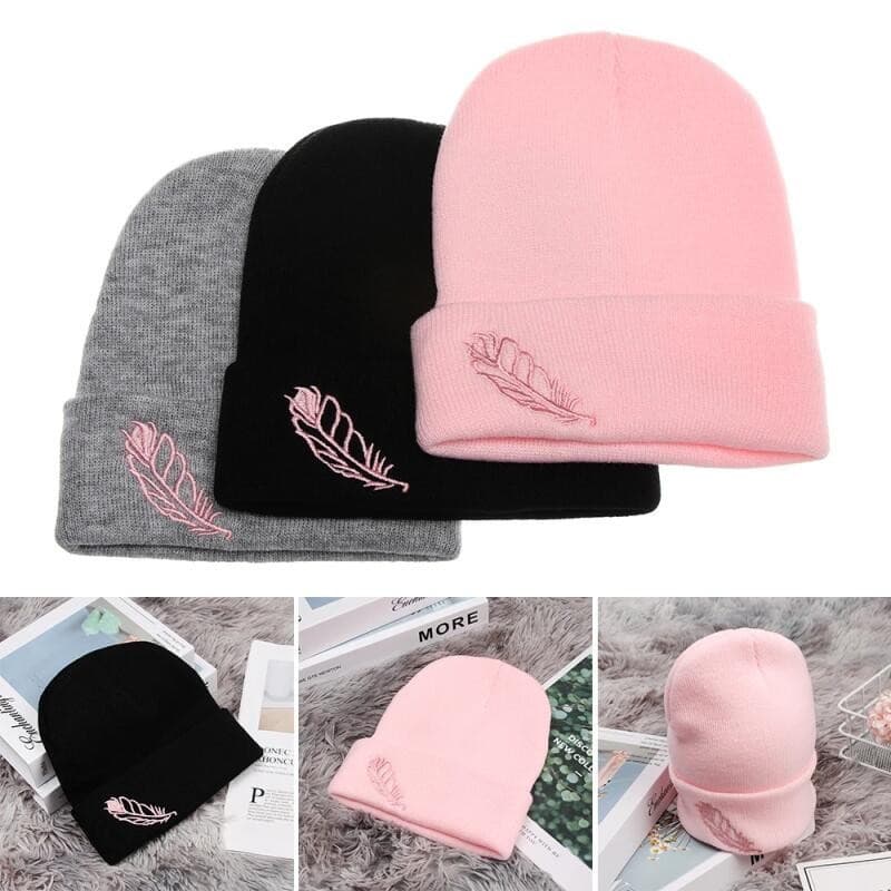 Venda Quente Gorros De Algodão Feminino Chapéu Neve Malha Crochê Inverno Pena Bordado Folha