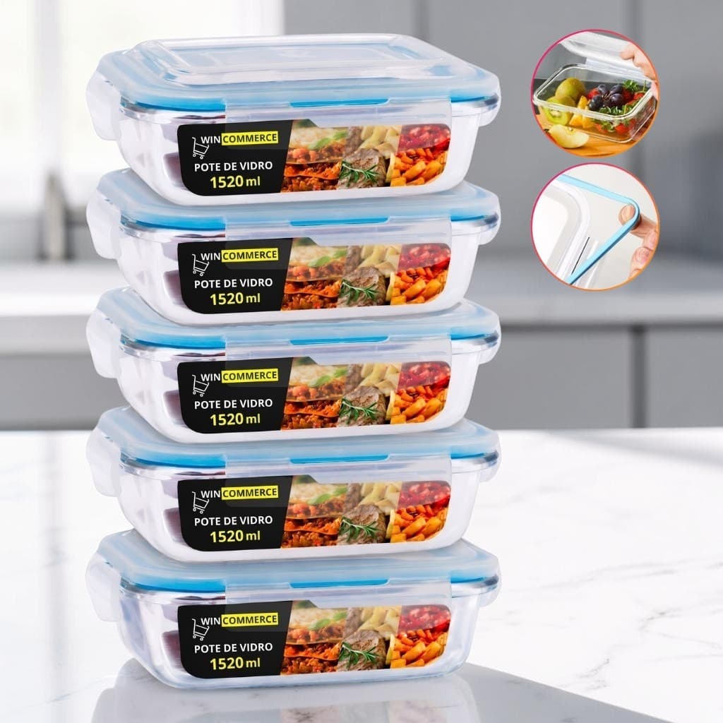 Kit 5 Potes De Vidro Hermético 1520ml Com Trava Vedação Para Mantimentos E Alimentos