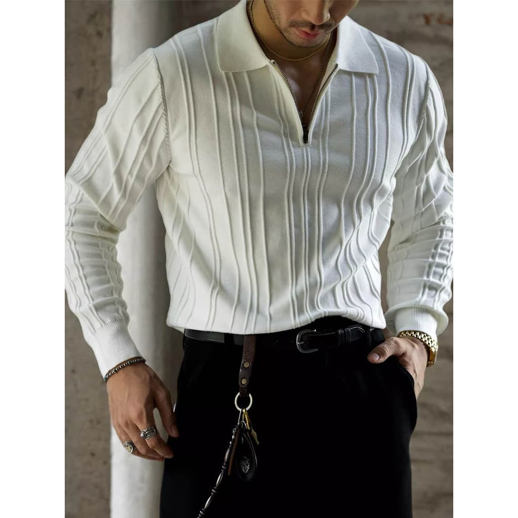 Camisa Polo masculina de manga comprida listrada suéter Slim fit Business Commuter cáqui americano retrô outono Casual T