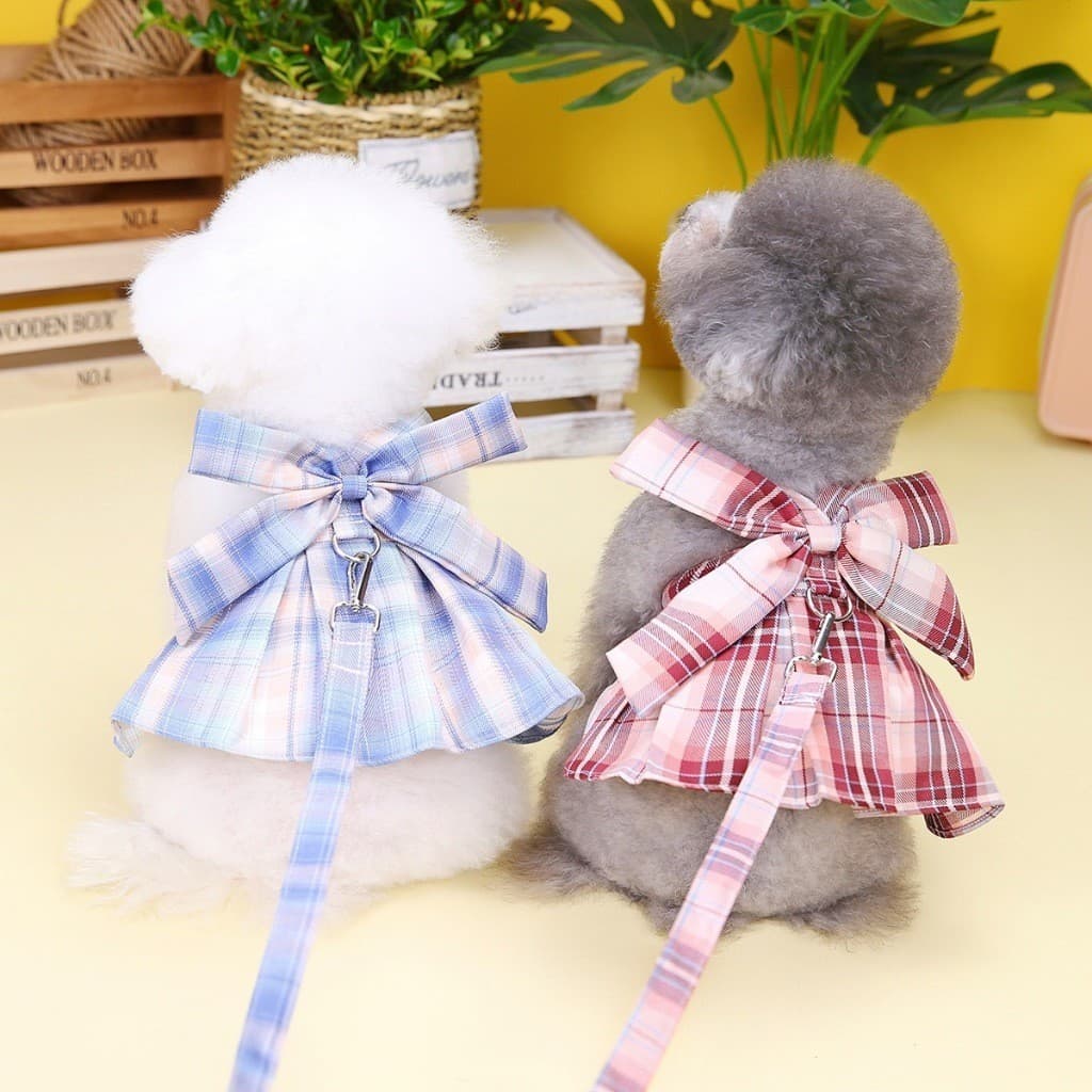 Vestido xadrez com laco e tração  para pets -Roupa fresca de  Verão para cachorros e gatos