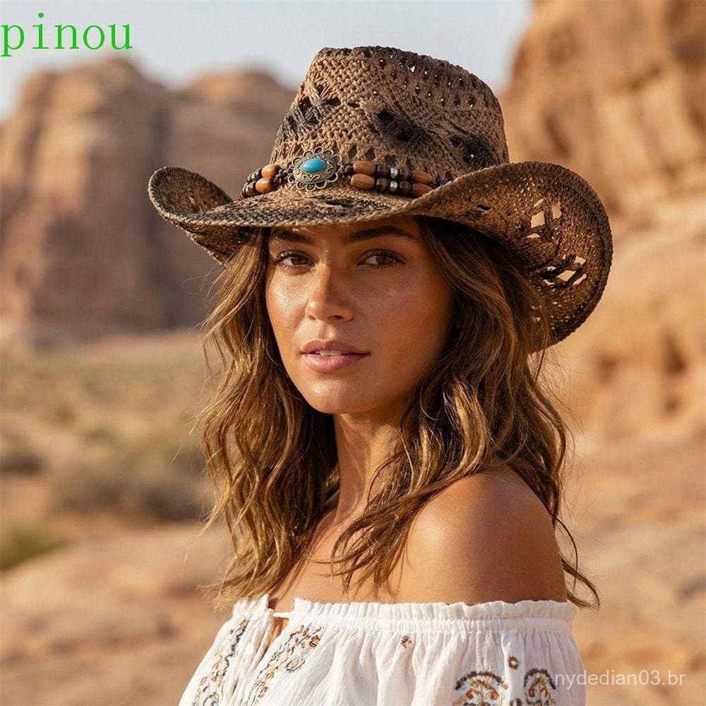 Chapéu De Palha Protetor Solar PINOU , Cowboy Ocidental De Cor Sólida Estilo Étnico , Boné Panamá Respirável Oco