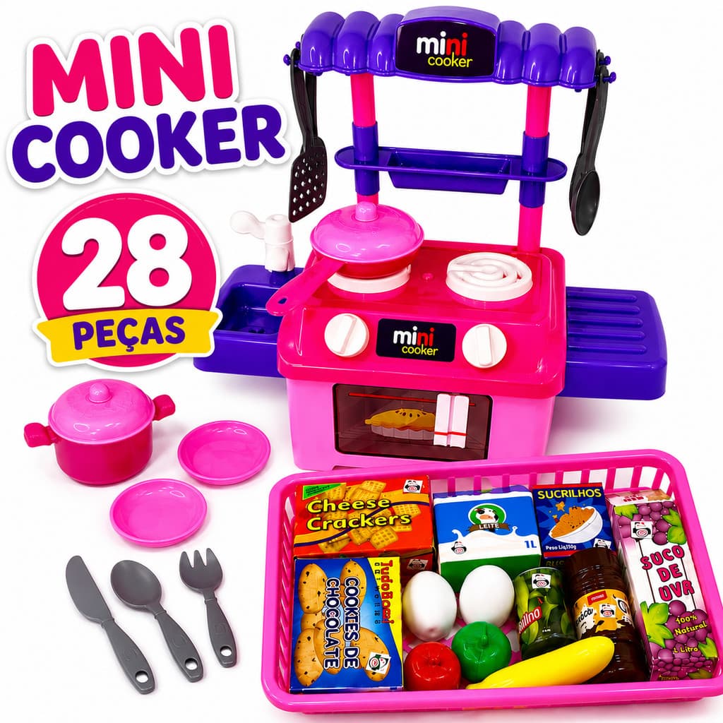 Kit 28 Peças Cozinha Infantil de Brinquedo Fogão Mini Cooker Comidinhas Faz de Conta Completo Menina