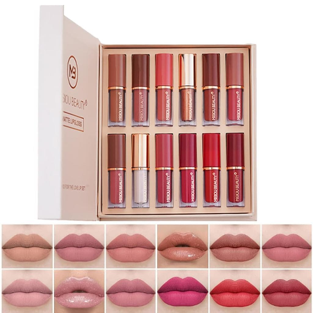 Conjunto de 12 Batons Líquidos Matte de Veludo Baorder, Kit de Batons Nude Antiaderentes, Brilho Labial Matte e com Glit