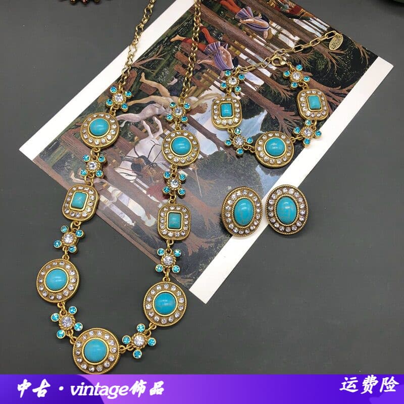 Europeu americano Retro turquesa Gem incrustado russo Real ouro colar brincos pulseira conjunto elegante All-Match jóias