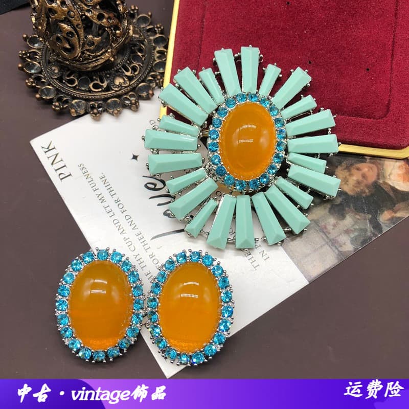 Medieval vintage Retro moda jóias de luxo hortelã verde longo diamante laranja broche orelha Studs conjunto FM