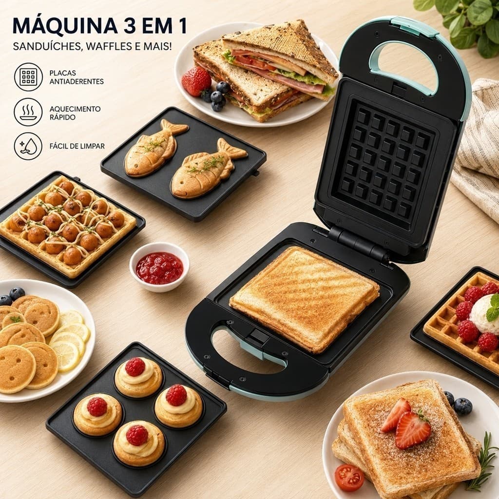Nova Sanduicheira 3 em 1 Elétrica Antiaderente Faz Sanduíche Grill e Waffle 110V
