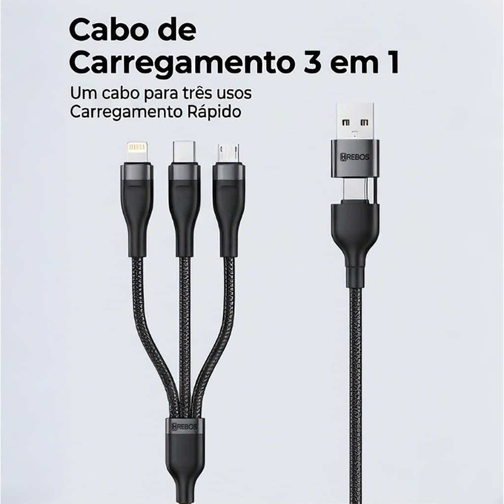 HREBOS x HEYOO Cabo Carregamento 3 em 1 1.5m Nylon Trançado USB-A Tipo-C Lightning Micro USB Rápido