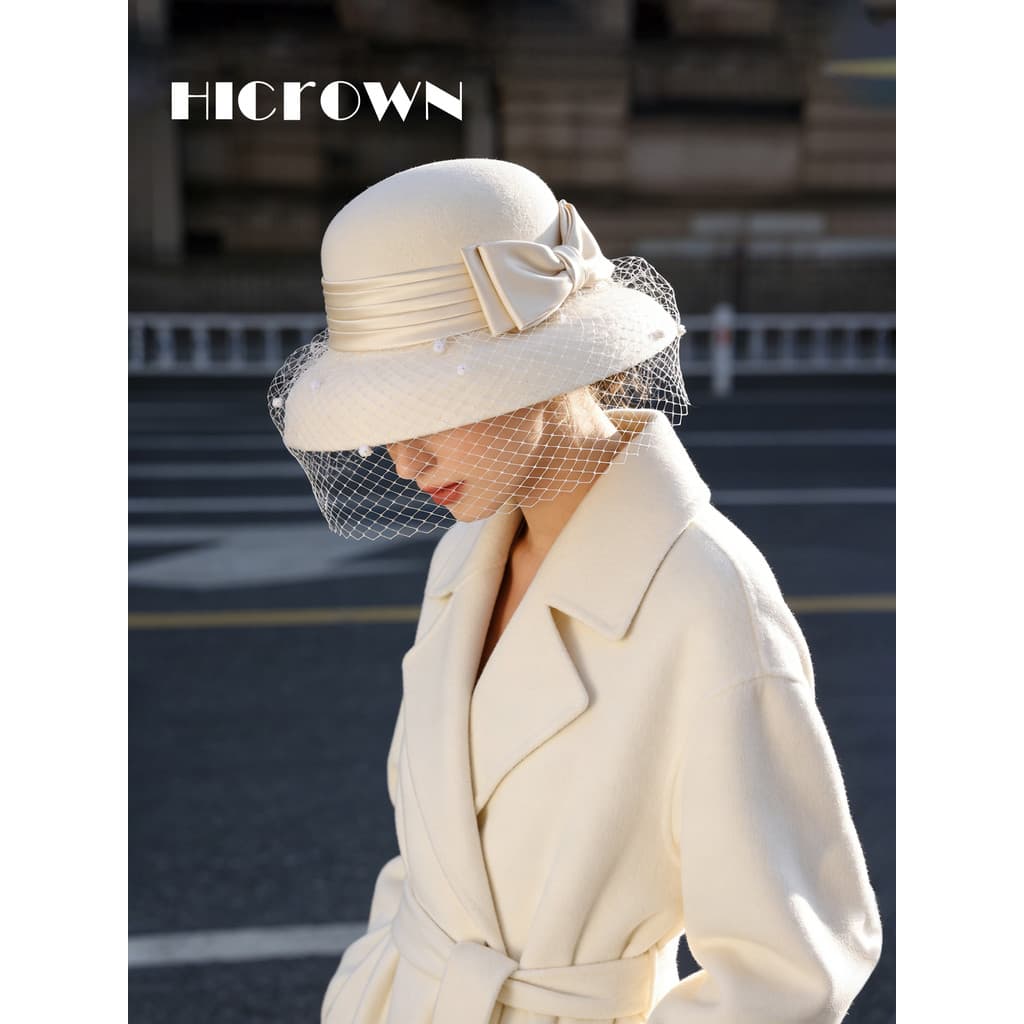 Outono inverno novo estilo Hepburn estilo branco lã bacia chapéu feminino francês elegante gaze Bowknot celebridade Daug