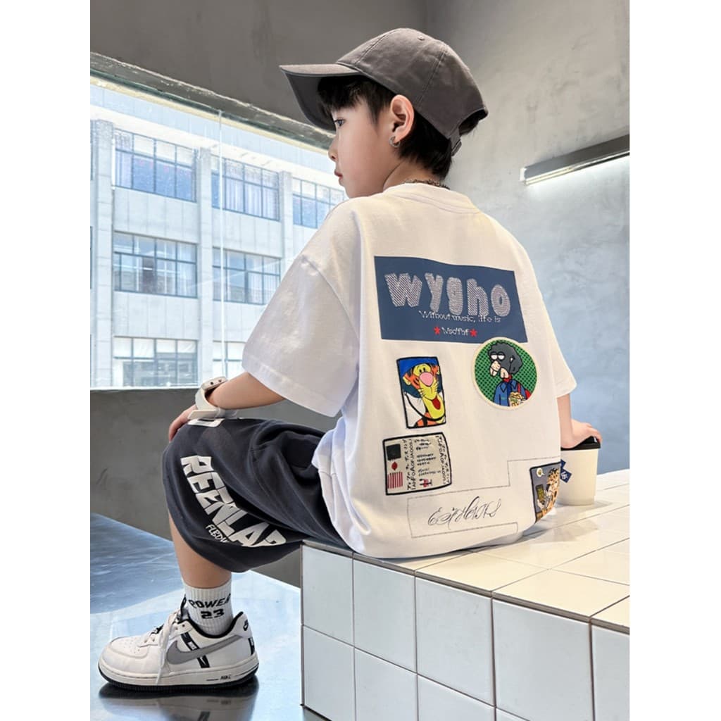 Meninos puro algodão de manga curta camiseta verão roupas infantis moda crianças impresso meia manga solta topo moda Bot