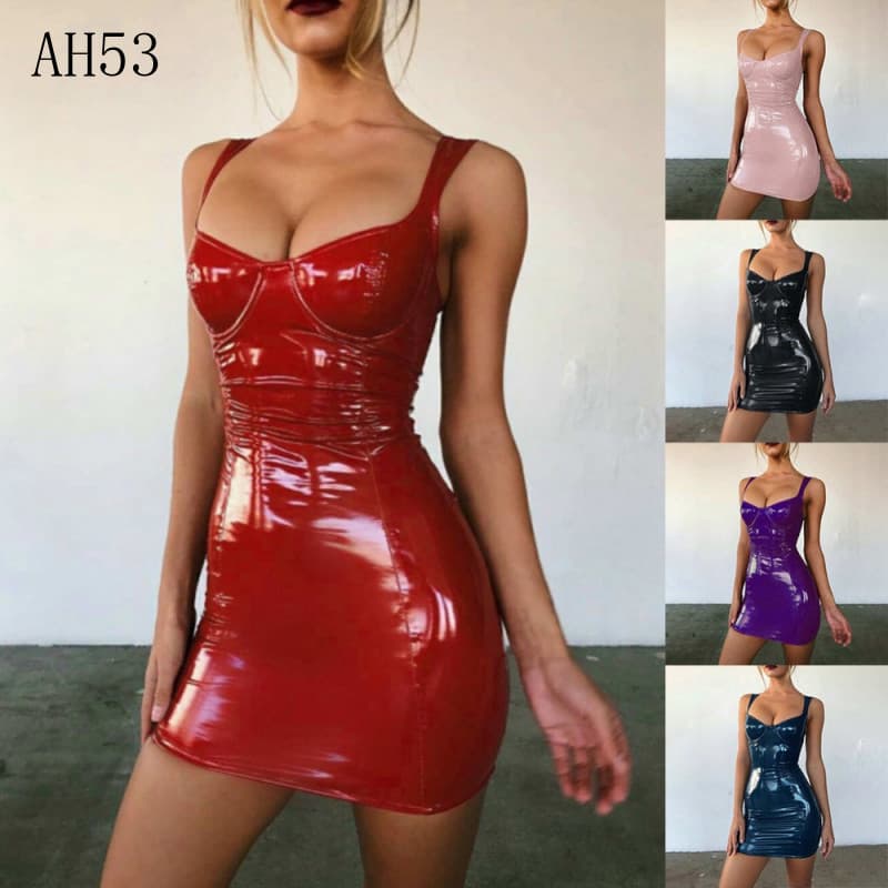 Vestido Mini Feminino 2026 em Látex/Couro Sintético Bodycon para Clube/Cocktail AQ328