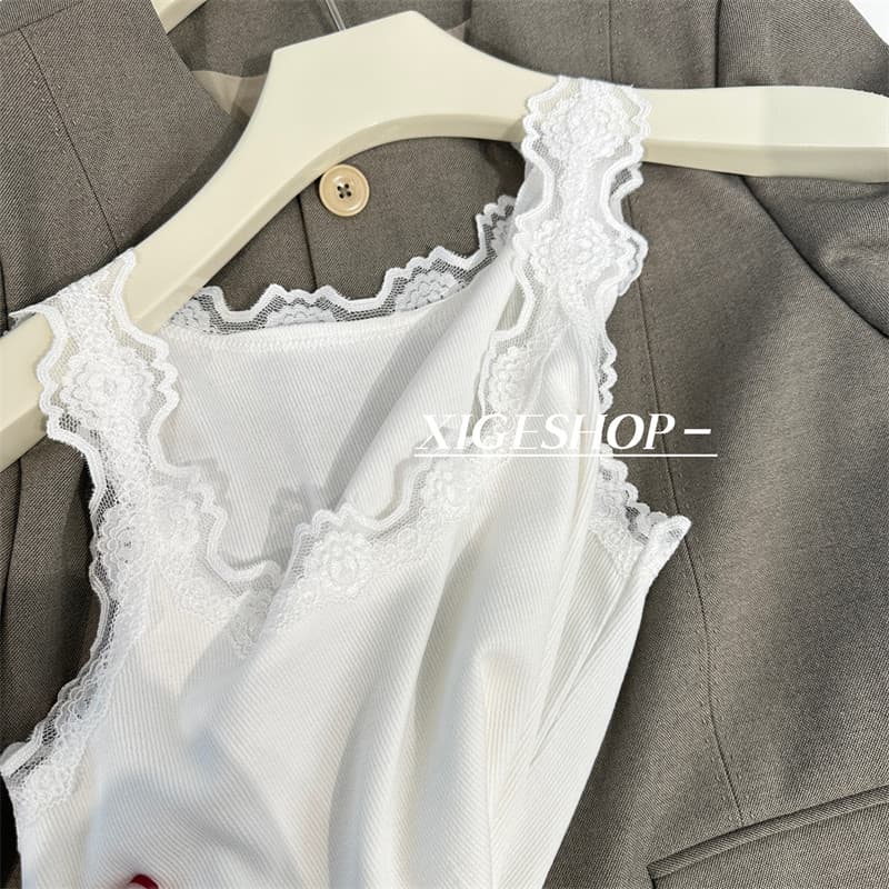 Renda costura camisola feminina grande estiramento fino-ajuste mais magro olhar capa seios sem mangas camiseta de fundo