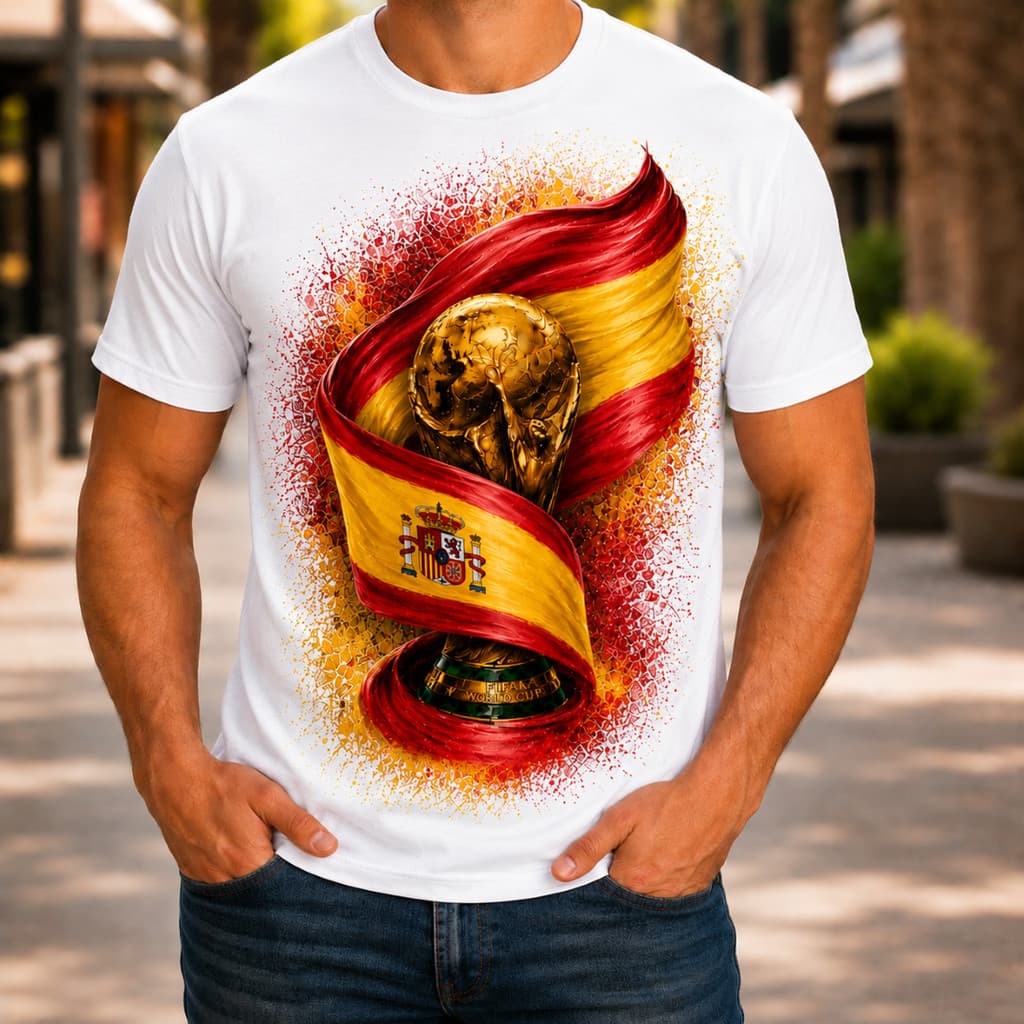 Camiseta Personalizada Espanha com Troféu Copa do Mundo 2026 Futebol Envio Imediato by Mood Vest