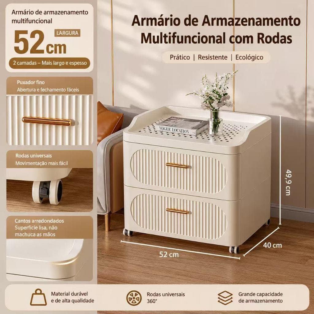 Armário de Armazenamento 2 Gavetas com Rodas Universais 360° Organizador Multiuso para Quarto, Sala e Escritório, 52cm