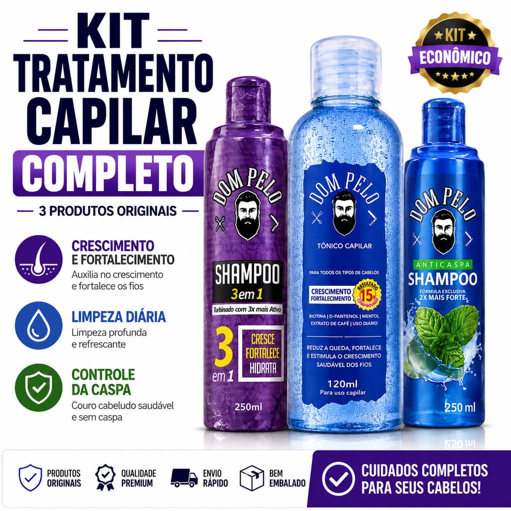 Kit Tratamento Capilar Completo Dom Pelo Tônico Shampoo 3 Em 1 Anticaspa