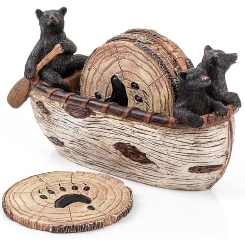 Porta-Copos De Urso-Conjunto De 6 Rústicos De Tamanho Real Em Canoa Feita À Mão Com Adoráveis Estatuetas Preto-Decoraçõe