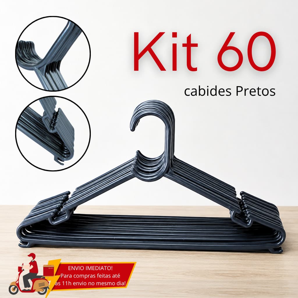 Kit 60 Cabides Adulto Preto Reforçado Direto do Fabricante