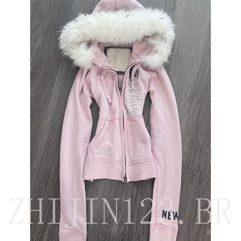 Moletom Feminino Vintage Rosa com Efeito Modelador de Cintura, Cardigã de Fleece com Zíper Y2K