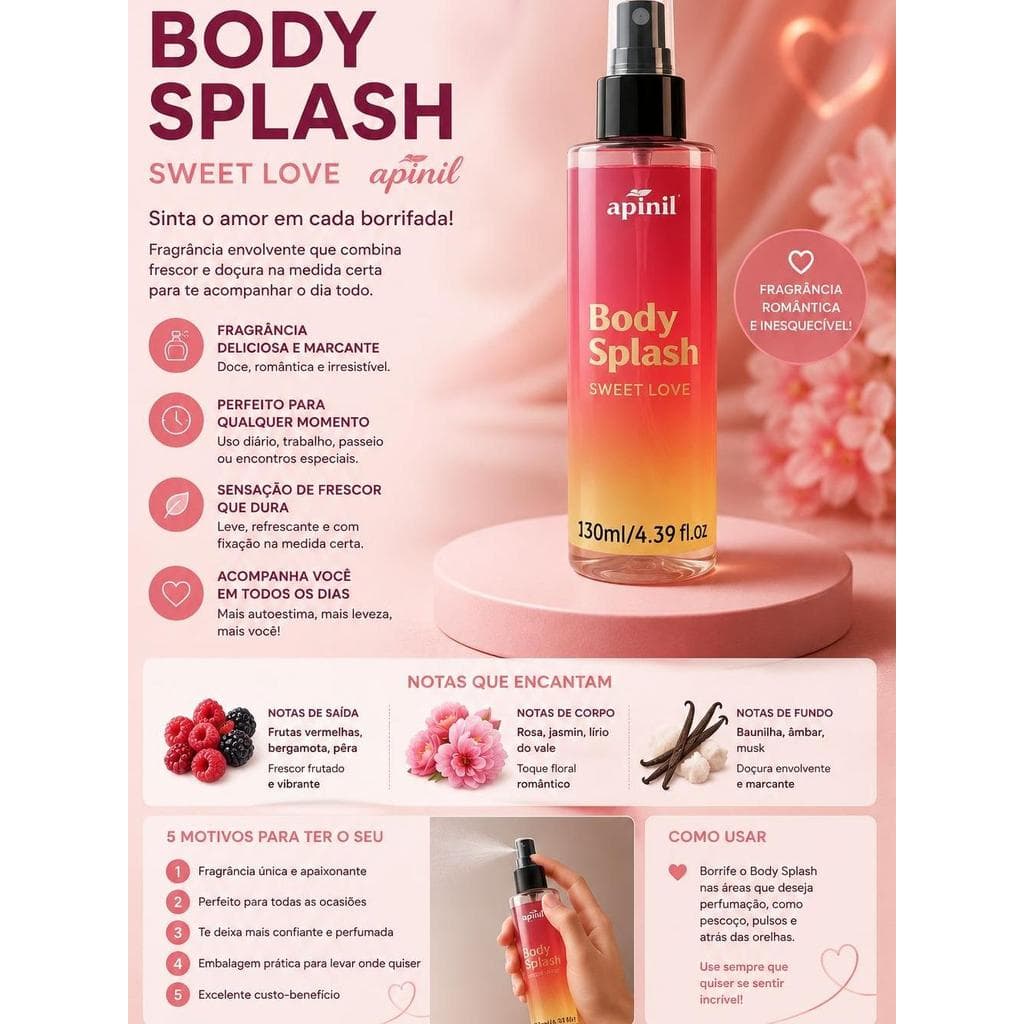 Body Splash Sweet Love Apinil 130ml – Doce, Delicado e Apaixonante | Perfume Feminino para Uso Diário